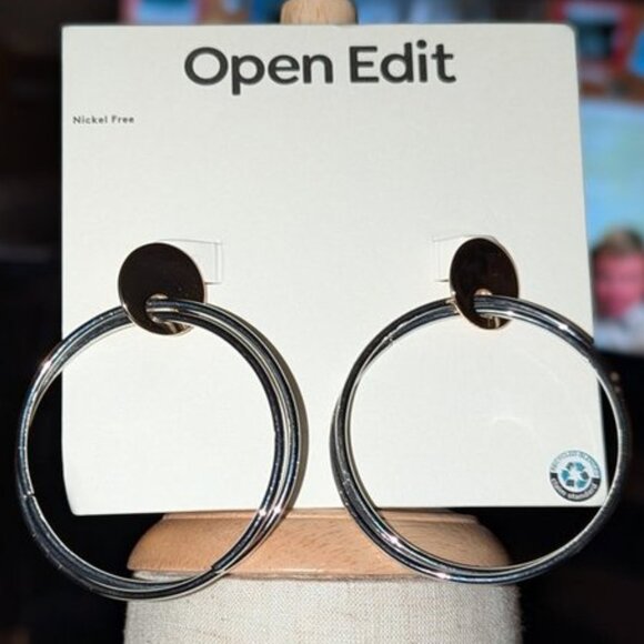 NEW Open Edit Nickel Free Rodium Drop Large Hoops Pierced Earrings Jewelry NWT - Picture 5 of 5